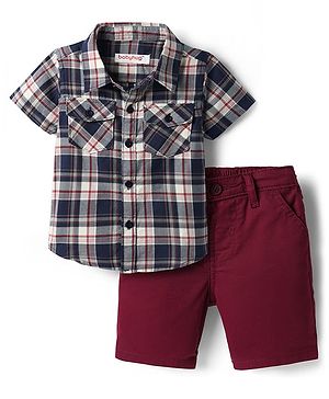 Babyhug Cotton Knit Half Sleeves Shirt & Shorts Set with Checks - Maroon & Navy Blue
