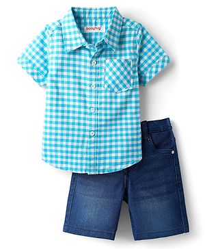 Babyhug Cotton  Woven Half Sleeves Shirt & Shorts Set with Checks  -  Light Blue