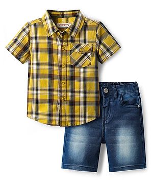 Babyhug Cotton Woven Half Sleeves Shirt & Short Set With Checks Print - Yellow & Blue