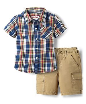 Babyhug Cotton Knit Half Sleeves Shirt & Shorts Set with Checks - Khaki & Blue