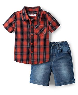 Babyhug Cotton Woven Half Sleeves Shirt & Short Set With Checks Print - Red & Blue