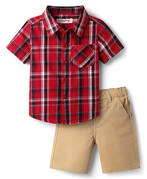 Babyhug Cotton Woven Half Sleeves Shirt & Shorts Set with Checks - Red & Tan