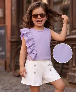 Mark & Mia Sleeveless Solid Color
                              Top & Shorts Set with Button &
                              Frill Detailing - Purple & White
