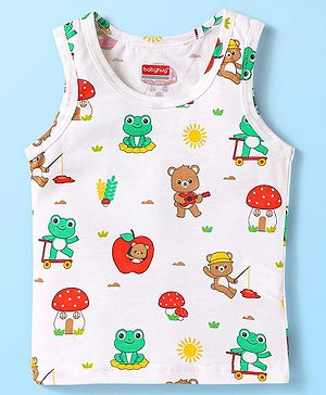 Babyhug 100% Cotton Single Jersey Knit Sleeveless Sando With Animal Print - White