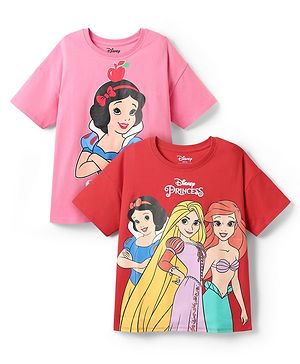 HoneyHap Disney Single Jersey Knit Half Drop Shoulder Sleeves Oversized T-Shirts with Disney Princess Graphics Pack of 2 - Red & Pink