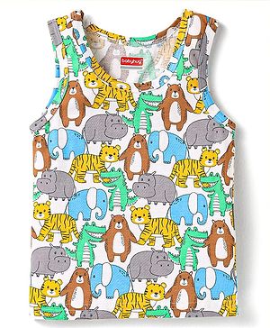 Babyhug 100% Cotton Knit Sleeveless Sando With Animal Print - White