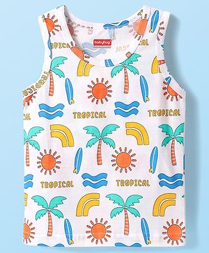 Babyhug 100% Cotton Single Jersey Knit Sando With Tropical Print - White