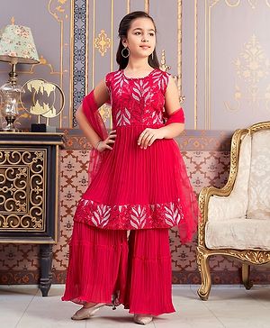 Aarika Georgette Sleeveless Leaves Embroidered Kurta  Sharara With Dupatta Set - Pink