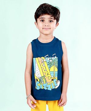Kiddopanti Cotton Sleeveless Beach Theme Printed Tee - Teal Blue