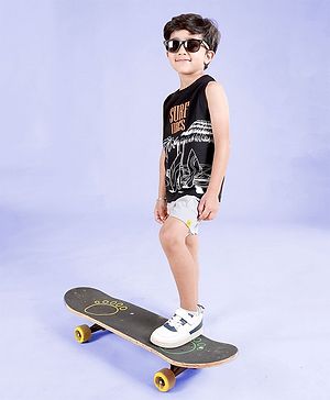 Kiddopanti Cotton Sleeveless Surf Vibes Text Printed Tee & Cargo Shorts Set - Black & Steel Grey