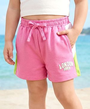 Babyhug Cotton Terry Knit Mid Thigh Shorts With London Embossed Print - Pink