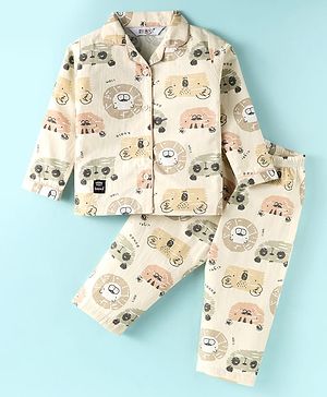 Enfance Core Cotton Woven Full Sleeves Animals Printed Coordinating Night Suit Set - Lemon Yellow