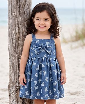 Babyhug Cotton Woven Sleeveless Frock With Butterfly Print & Bow Applique - Blue