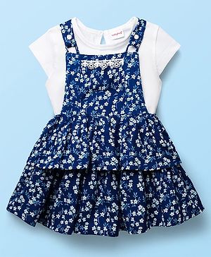 Babyhug Cotton Knit Frock & Half Sleeves Inner Tee With Floral Print & Lace Detailing - Navy Blue & White