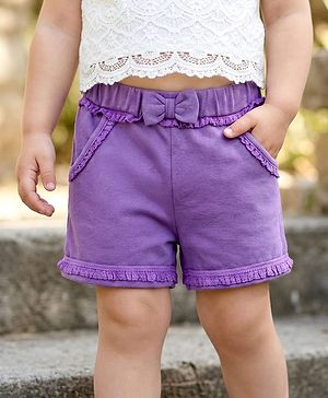 Babyhug Cotton Terry Knit Mid Thigh Solid Shorts With Bow Applique - Purple