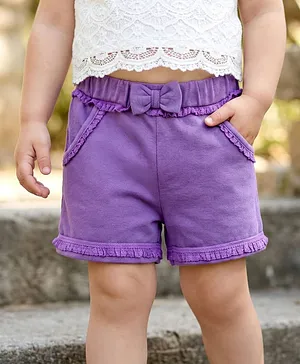 Babyhug Cotton Terry Knit Mid Thigh
                              Solid Shorts With Bow Applique - Purple