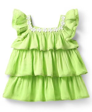 Babyhug Crinkled Crepe Woven Frill Sleeves Layered Top with Lace Detailing - Light Green