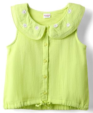 Babyhug Crinkled Crepe Woven Sleeveless Textured Peter Pan Collared Top with Floral Floral Applique - Light Green
