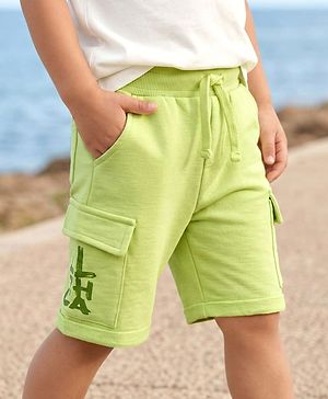 Babyhug Cotton Terry Knit Mid Thigh Shorts With Text Print - Lime Green