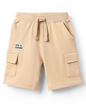 Babyhug Terry Cotton Knit Mid Thigh Shorts With Text Print & Side Pocket - Beige