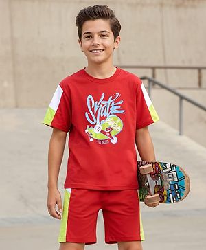 Pine Kids Looper Knit Half Sleeves T-Shirt & Shorts Set With Skateboard Print - Red