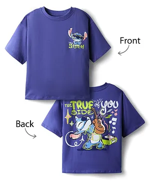 Pine Kids Disney Terry Knit Half Drop Shoulder Sleeves Oversized T-Shirt with Front & Back Lilo n Stitch Graphics - Purple