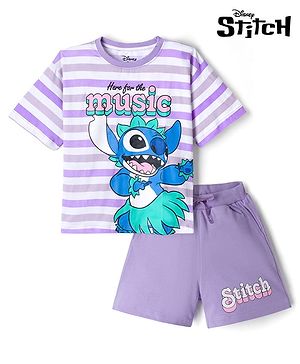 Pine KIds Disney Single Jersey Knit Over Sized Drop Shoulder Half Sleeves T-Shirt & Shorts Set with Lilo & Stitch Print - Lilac