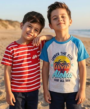 Babyhug Cotton Knit Half Sleeves T-Shirts With Stripes & Aloha Text Print Pack Of 2 - Red & Blue