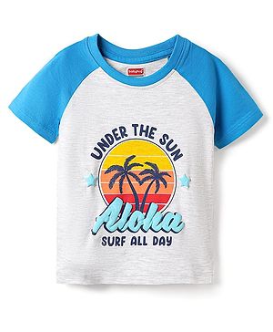 Babyhug Cotton  Knit Half Raglan Sleeves With Under The Sun Text Print - White & Blue
