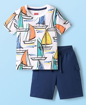 Babyhug Single Jersey Knit Half Sleeves T-Shirt & Shorts Set with Ship Print - Navy Blue & White
