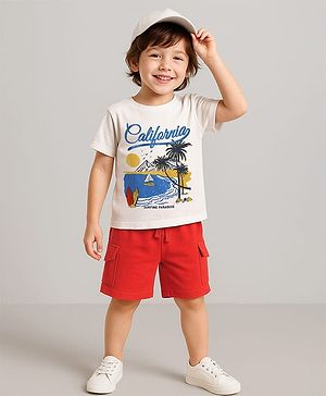Babyhug Single Jersey Knit Half Sleeves T-Shirt & Shorts Set with Beach Theme Print - Red & White