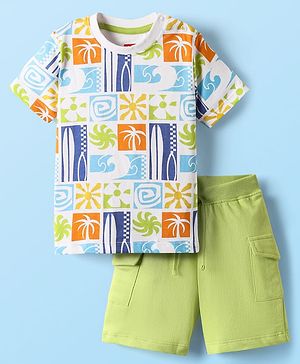 Babyhug Single Jersey Knit Half Sleeves T-Shirt & Shorts Set With Beach Theme Print - White & Green