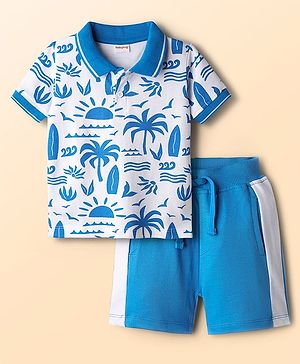 Babyhug Single Jersey Knit Half Sleeves Polo T-Shirt & Shorts Set with Beach Theme Print - Blue