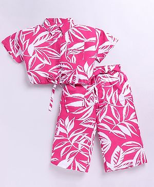M'andy Half Sleeves Tropical Theme Printed Coordinating Crop Shirt Style Top & Pant Set - Magenta