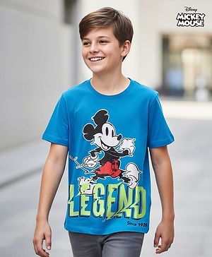 Pine Kids Disney Single Jersey Knit Half Sleeves T-Shirt with Mickey Mouse Graphics - Blue