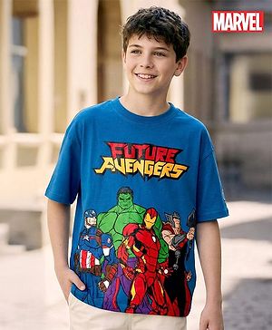 Pine Kids Marvel Terry Knit Drop Shoulder Half Sleeves Oversized T-Shirt with Avengers Graphics - Blue