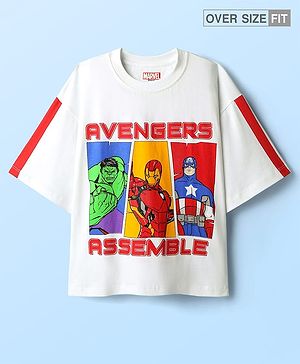 Pine Kids Marvel Single Jersey Knit Oversized Drop Shoulder Half Sleeves T-Shirt with Avengers Graphics - White