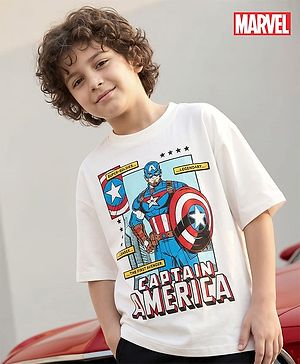 Pine Kids Marvel Single Jersey Knit Half Drop Shoulder Sleeves Oversized T-Shirt With Captain America Graphics - White