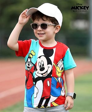 Babyhug Disney Single Jersey Knit Half Sleeves T-Shirt With Mickey And Friends Graphics - Red & Aqua Blue