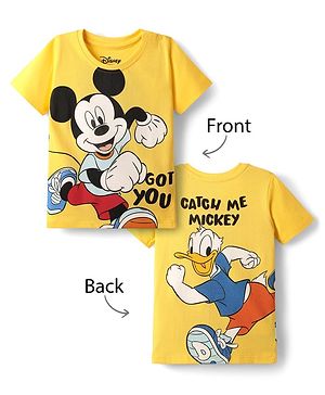 Babyhug Disney Single Jersey Knit Half Sleeves T-Shirt with Front and Back Mickey and Friends Graphics - Yellow