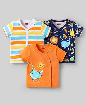 Babyhug 100% Cotton Knit Half Sleeves Front Open jhabla With Stripes & Animal Print Pack Of 3 - Orange Navy Blue & Yellow