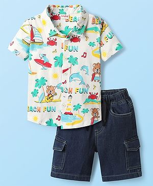 Babyhug Poplin Woven Half Sleeves Shirt & Denim Shorts Set With Beach Theme Print - White & Blue