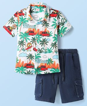 Babyhug Single Jersey Knit Half Sleeves Shirt & Denim Shorts Set With Beach Theme Print - White & Blue