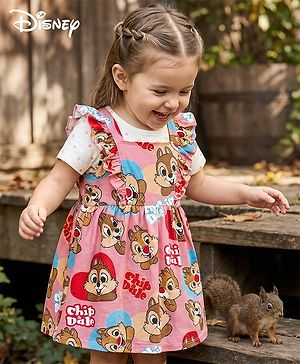 Babyhug Disney Single Jersey Knit Half Sleeves T-Shirt With Frock & Chip N Dale Print & Frill Detailing - White & Pink