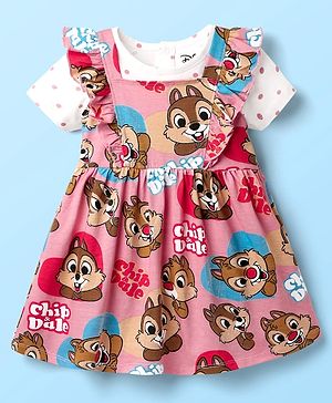 Babyhug Disney Single Jersey Knit Half Sleeves T-Shirt With Frock & Chip N Dale Print & Frill Detailing - White & Pink