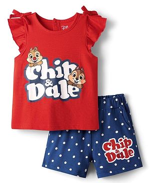 Babyhug Disney Single Jersey Knit Frill Sleeve T-Shirt & Short With Chip N Dale Graphics - Red & Blue
