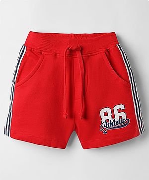 Babyhug Terry Cotton Knit Mid Thigh Length Shorts With Text Print - Red