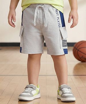 Babyhug Cotton Terry Knit Mid Thigh Shorts With Text Print - Light Grey