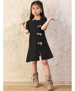 NEUDIS Cotton Half Sleeves Bow Applique Detailed Dress - Black