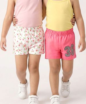Babyhug Cotton Single Jersey Knit Mid Thigh Shorts With Floral & Number Print Pack Of 2 - Pink